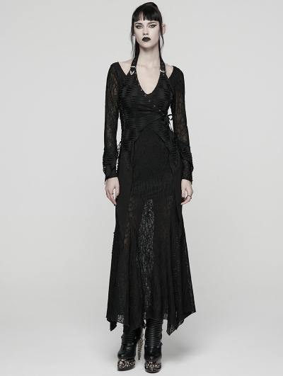 Black Gothic Punk Halterneck Asymmetric Long Dress