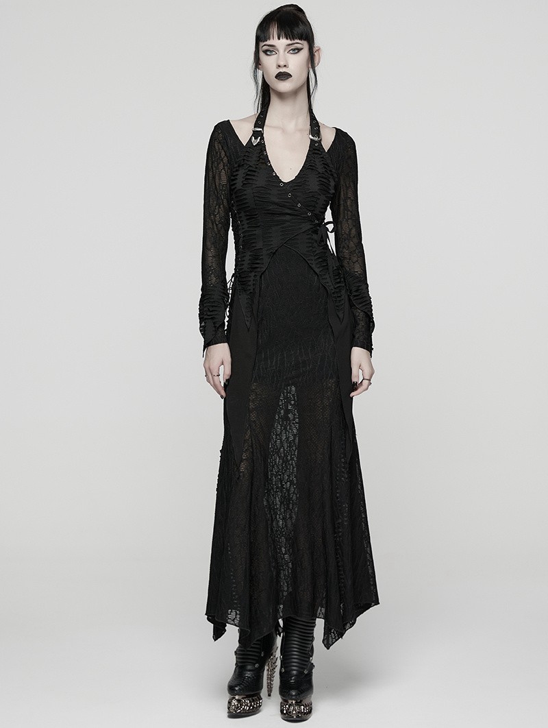 Black Gothic Punk Halterneck Asymmetric Long Dress