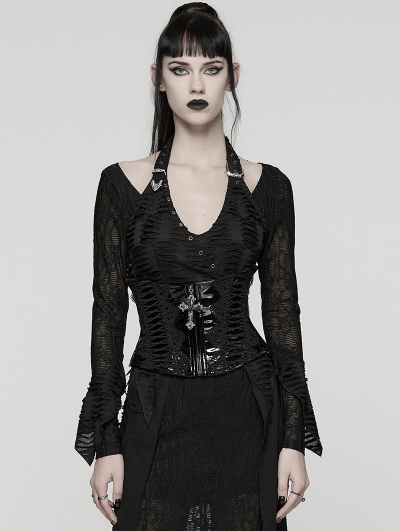 Black Gothic Cross Bat Patent Leather Corset Waistband