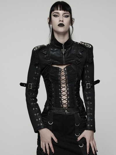 Black Gothic Punk Women's Cropped Jacket with Detachable Chain