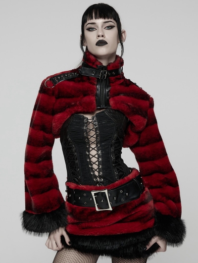 Black and Red Gothic Punk Striped Fluffy Fur Coat for Women