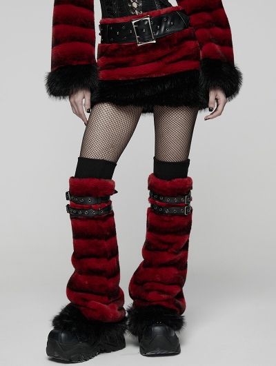 Black and Red Gothic Punk Striped Fluffy Fur Leg Warmers