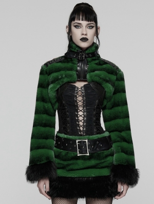 Black and Green Gothic Punk Striped Fluffy Fur Coat for Women