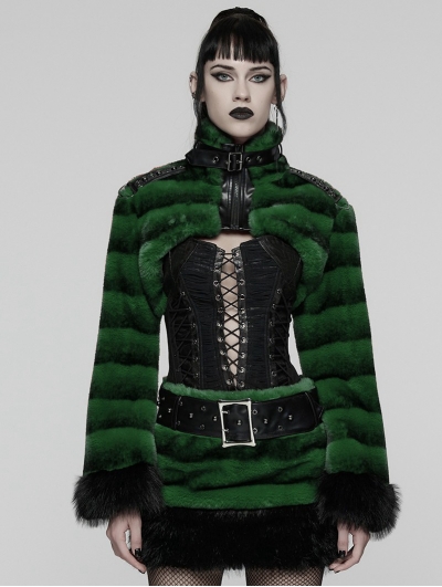 Black and Green Gothic Punk Striped Fluffy Fur Coat for Women
