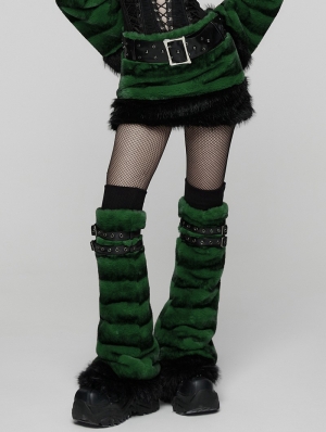 Black and Green Gothic Punk Striped Fluffy Fur Leg Warmers