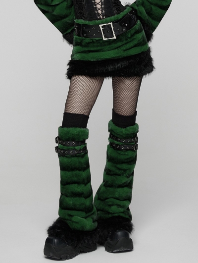 Black and Green Gothic Punk Striped Fluffy Fur Leg Warmers