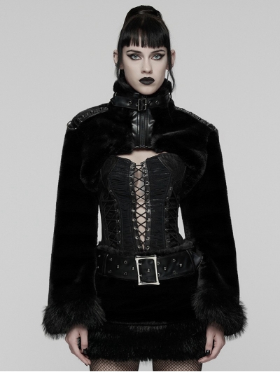 Black Gothic Punk Striped Fluffy Fur Coat for Women