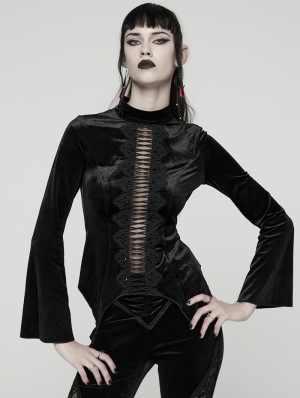Black Sexy Gothic Hollow Lace Velvet Shirt for Women