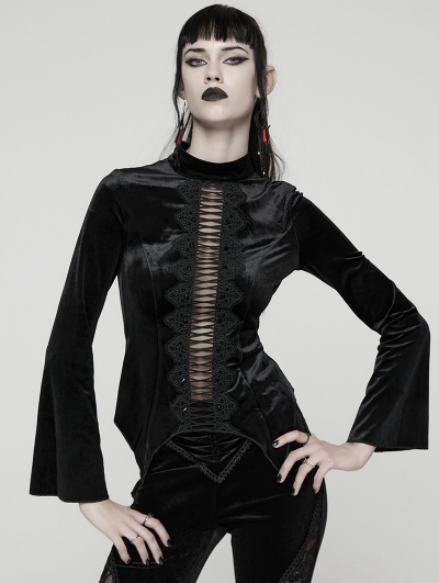 Black Sexy Gothic Hollow Lace Velvet Shirt for Women