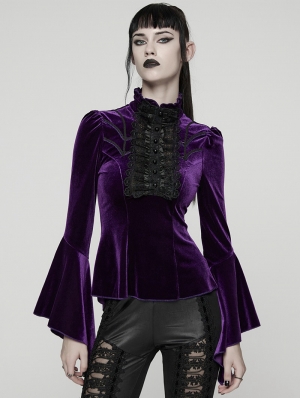 Violet Elegant Gothic Velvet Flared Sleeve Shirt for Women