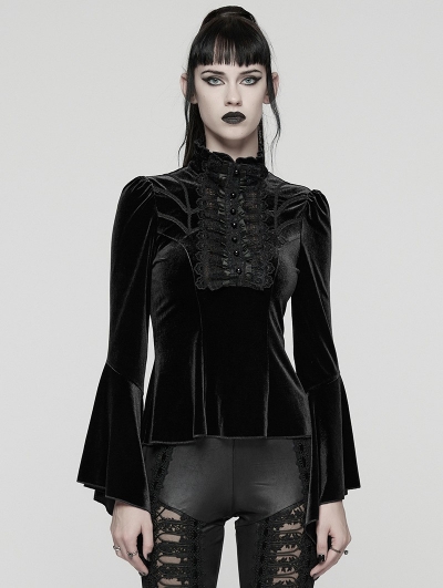 Black Elegant Gothic Velvet Flared Sleeve Shirt for Women