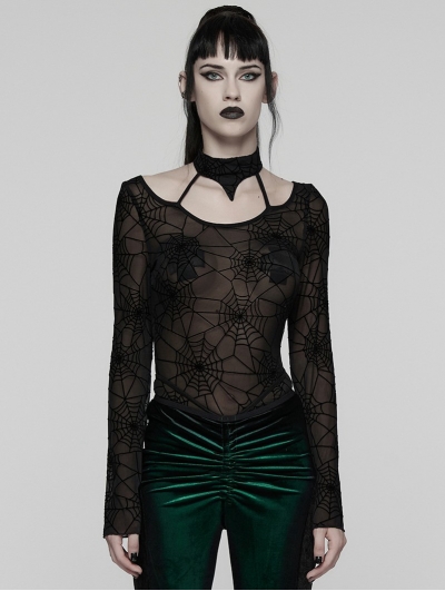 Black Sexy Gothic Spider Web Printed Mesh T-Shirt for Women