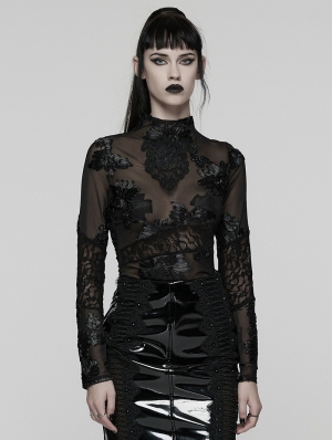 Black Sexy Gothic 3D Floral Mesh Lace Undershirt for Women