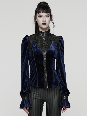 Black and Blue Retro Gothic Velvet Shirt for Women