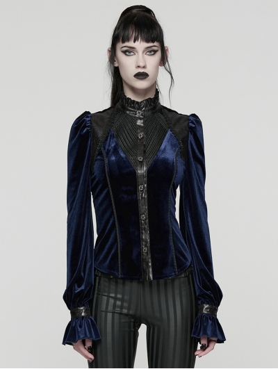 Black and Blue Retro Gothic Velvet Shirt for Women