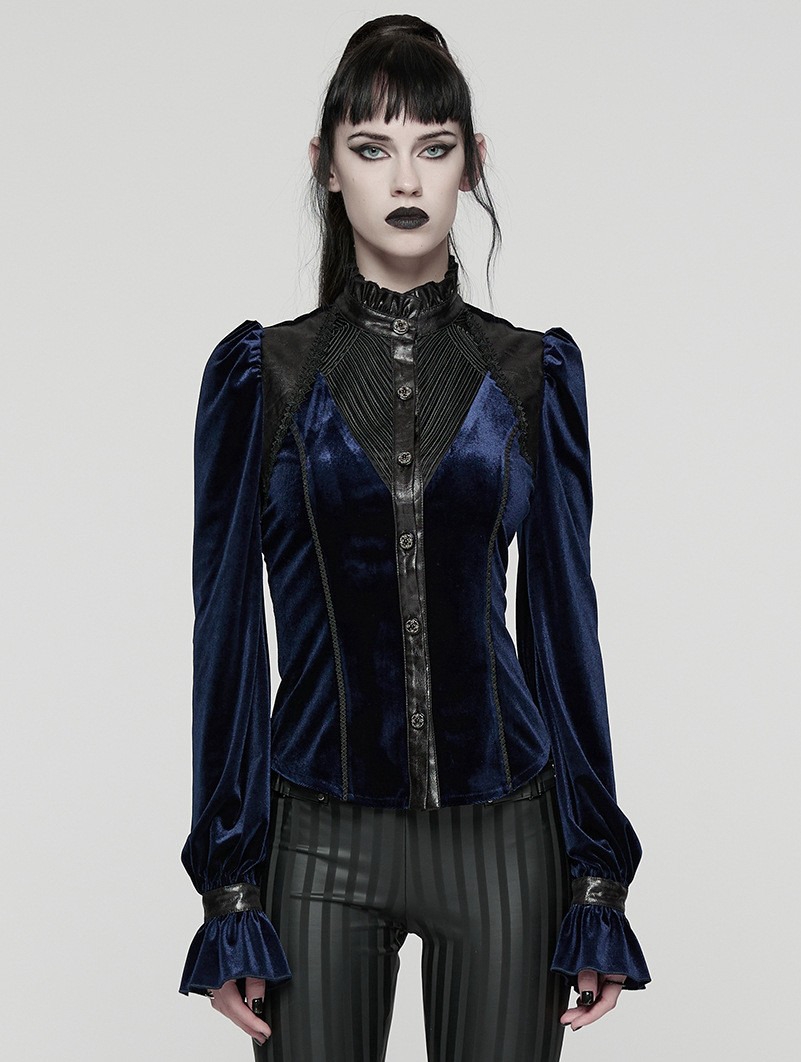 Black and Blue Retro Gothic Velvet Shirt for Women
