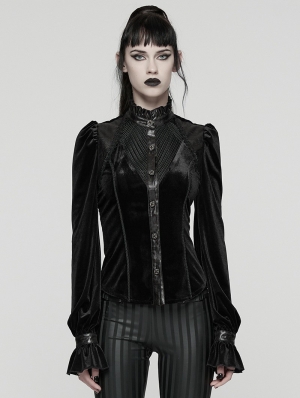 Black Retro Gothic Velvet Shirt for Women