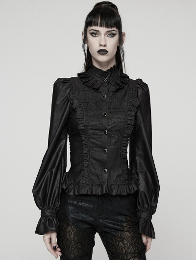 Black Retro Gothic Puff Sleeve Ruffled Shirt for Women