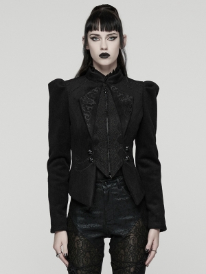 Black Retro Gothic Embroidered Short Woolen Coat for Women