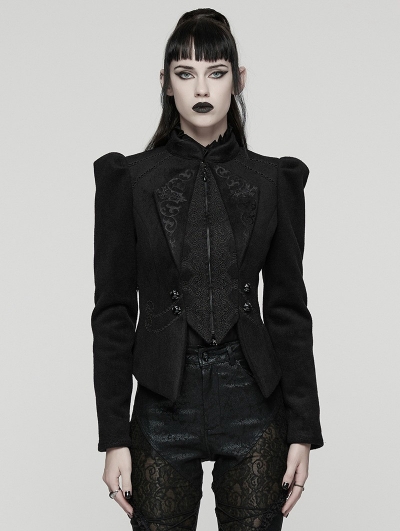 Black Retro Gothic Embroidered Short Woolen Coat for Women