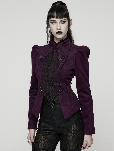 Violet Retro Gothic Embroidered Short Woolen Coat for Women