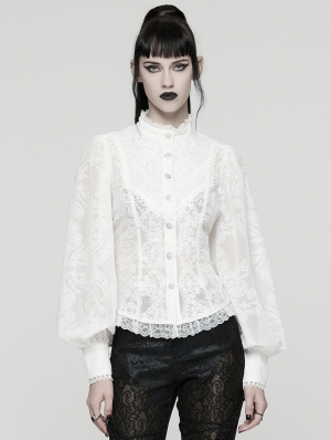White Retro Gothic Lace Embroidered Chiffon Shirt for Women