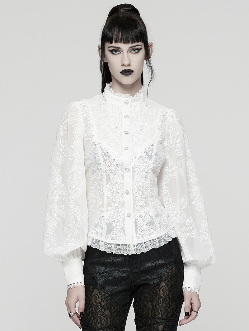 White Retro Gothic Lace Embroidered Chiffon Shirt for Women