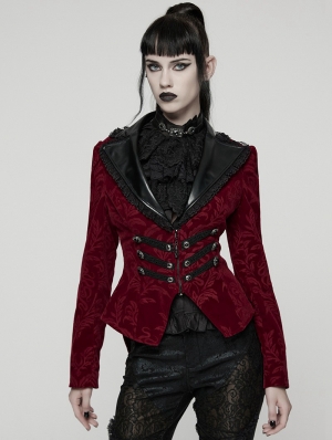 Red and Black Gothic Vintage Print Velvet Coat for Women