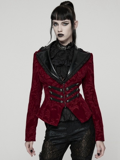 Red and Black Gothic Vintage Print Velvet Coat for Women