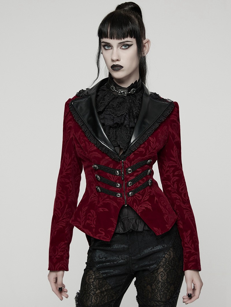 Red and Black Gothic Vintage Print Velvet Coat for Women