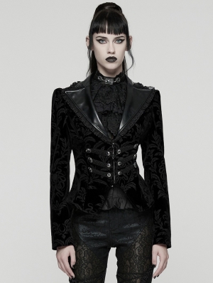 Black Gothic Vintage Print Velvet Coat for Women