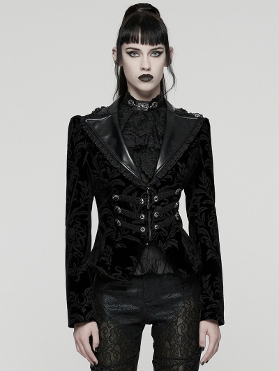 Black Gothic Vintage Print Velvet Coat for Women