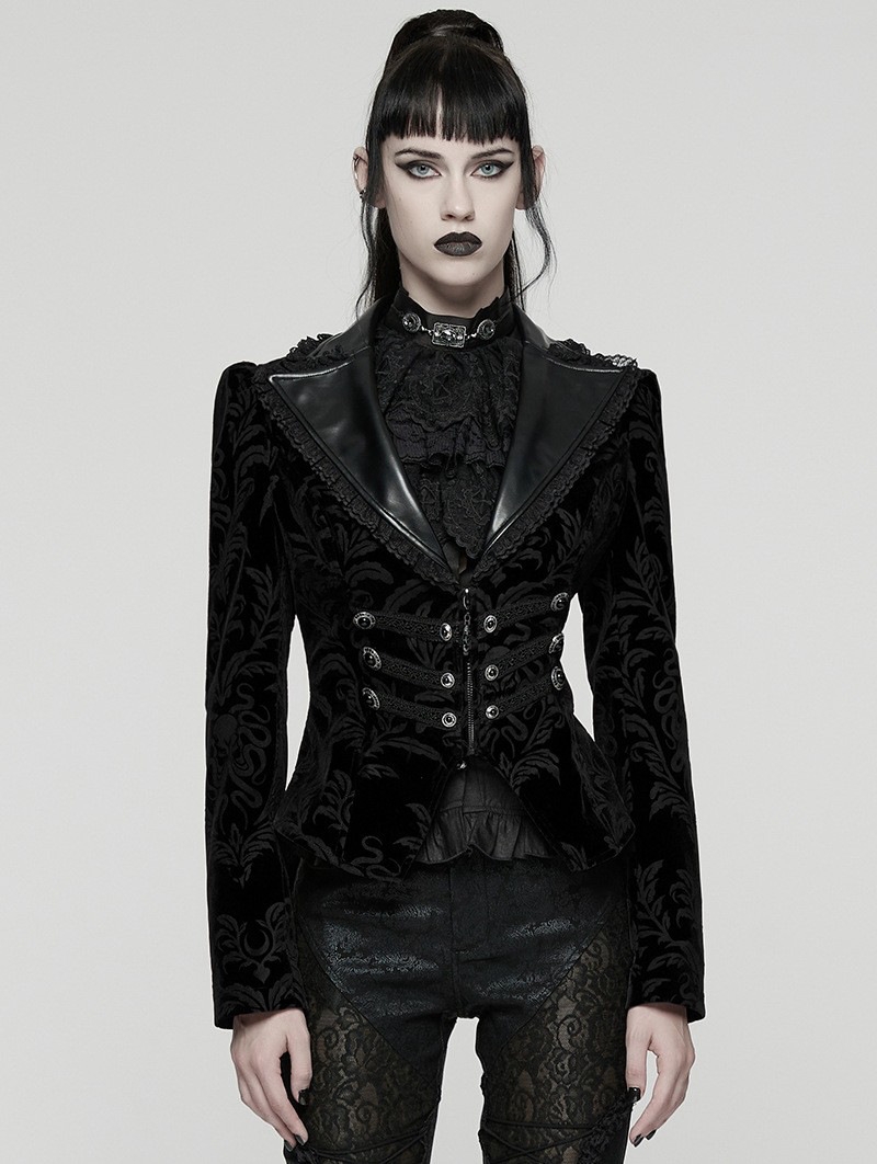 Black Gothic Vintage Print Velvet Coat for Women