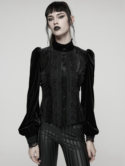 Black Daily Gothic Striped Velvet Shirt for Women