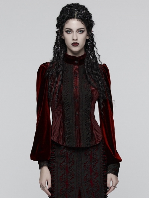 Red Daily Gothic Striped Velvet Shirt for Women