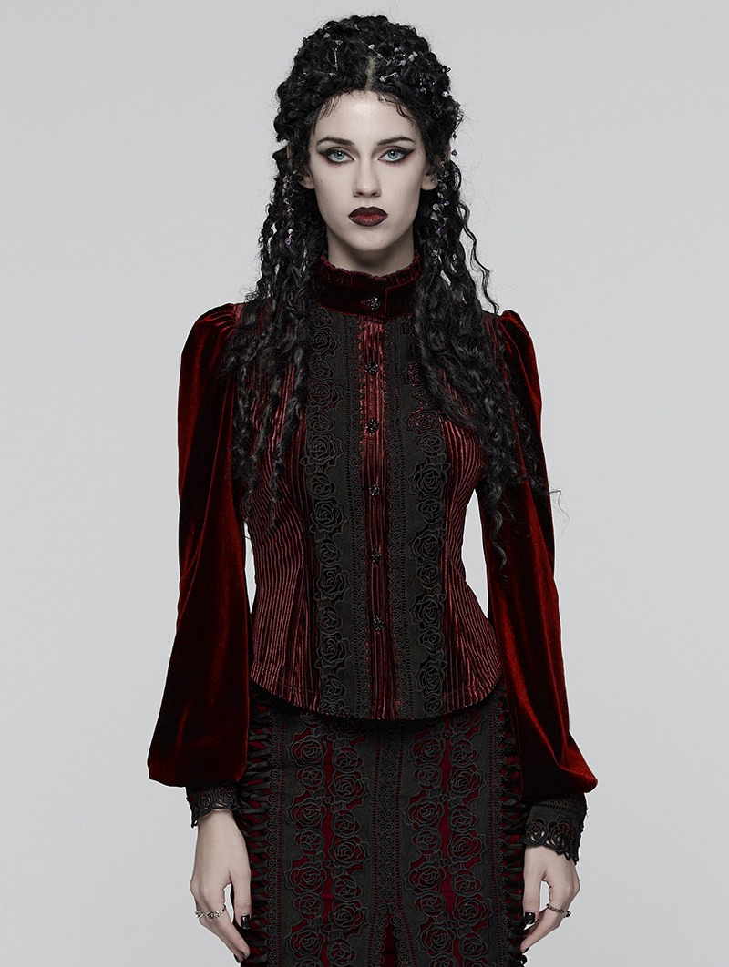 Red Daily Gothic Striped Velvet Shirt for Women