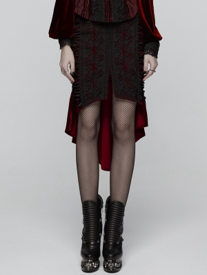 Black and Red Gothic Retro Rose Lace Velvet Fishtail Skirt