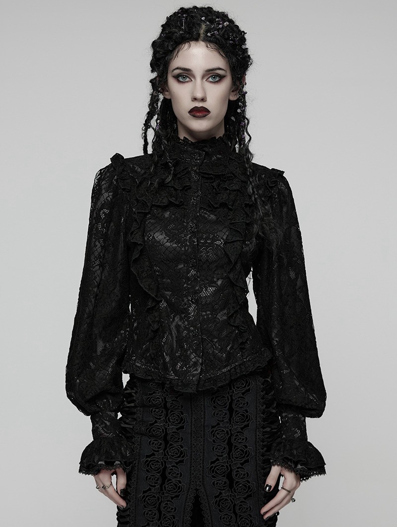 Black Gothic Gorgeous Layered Ruffle Lace Shirt for Women