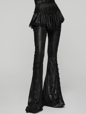 Black Gothic Lace Trim Flared Skirt Pants for Women