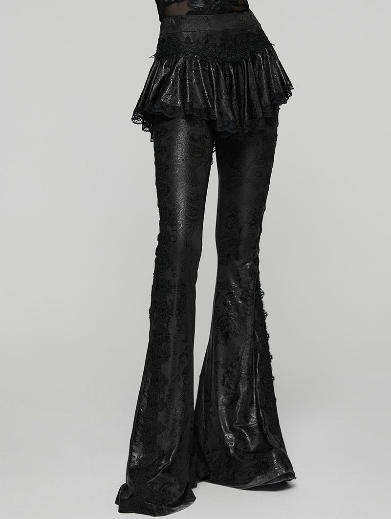 Black Gothic Lace Trim Flared Skirt Pants for Women