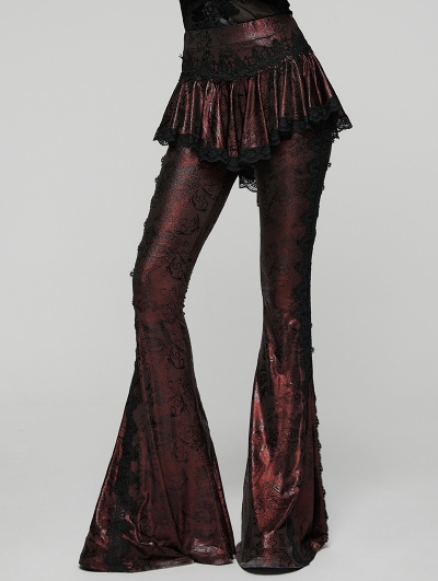 Red and Black Gothic Lace Trim Flared Skirt Pants for Women
