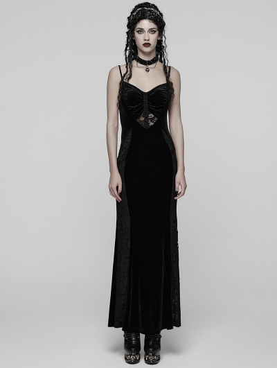 Black Gothic Dark Heart Ruched Velvet Long Slip Dress
