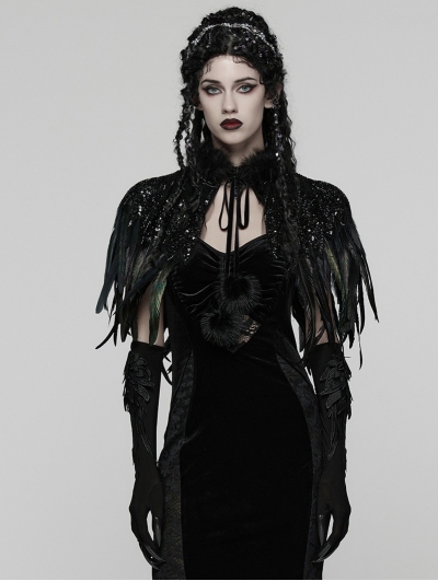 Black Gorgeous Gothic Sequined Feather Shawl