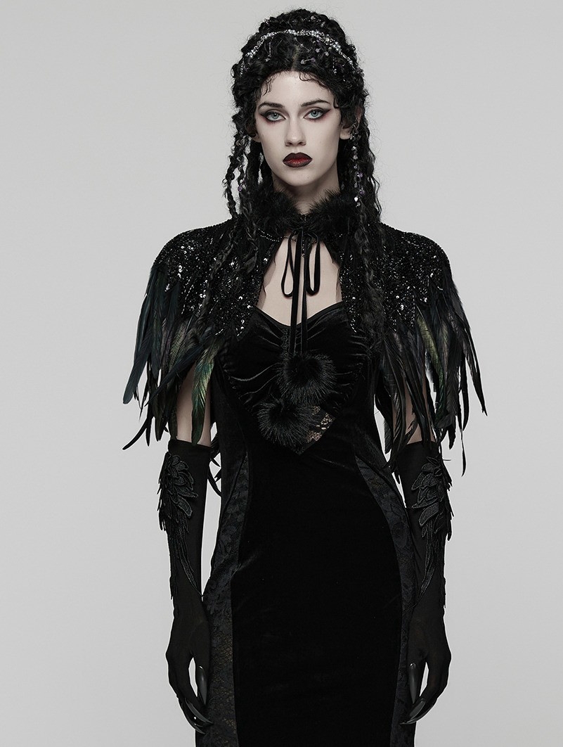 Black Gorgeous Gothic Sequined Feather Shawl