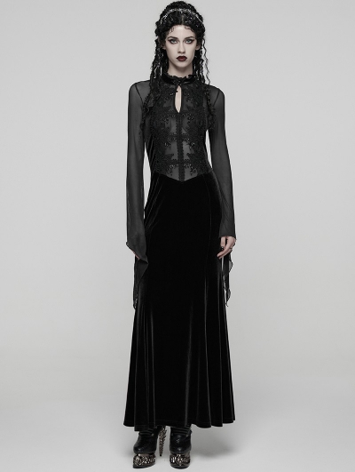 Black Sexy Gothic Vintage Mesh Spliced Velvet Maxi Dress