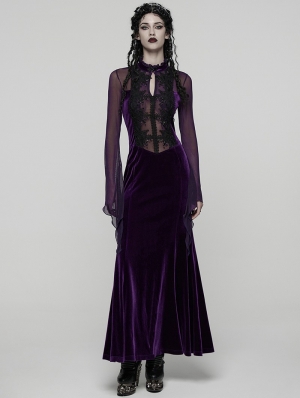 Violet Sexy Gothic Vintage Mesh Spliced Velvet Maxi Dress