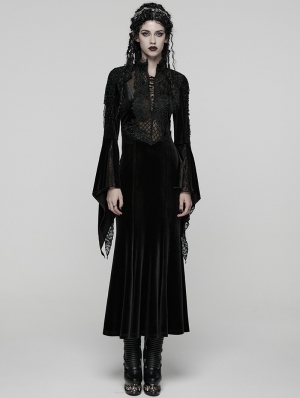 Black Retro Sexy Gothic Velvet Flared Sleeve Fishtail Long Dress