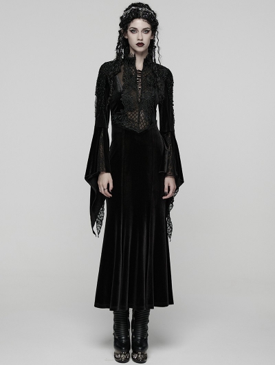 Black Retro Sexy Gothic Velvet Flared Sleeve Fishtail Long Dress