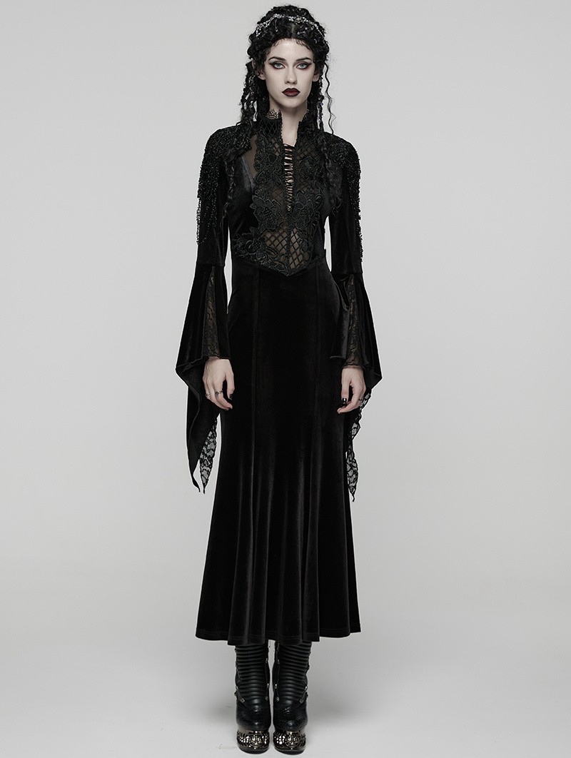 Black Retro Sexy Gothic Velvet Flared Sleeve Fishtail Long Dress