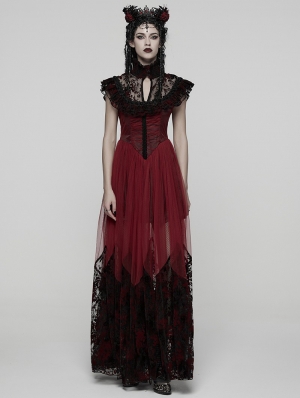 Red and Black Gothic Flocking Mesh Spliced Flutter Sleeve Long Party Dress